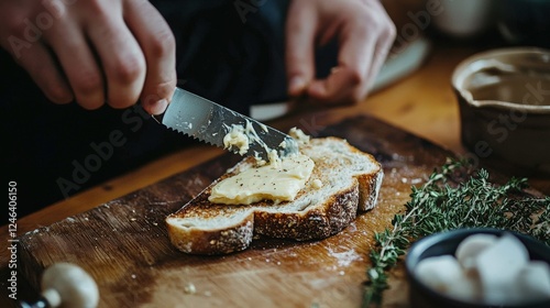 Buttering a slice of toast with a knife, simple breakfast setting photo