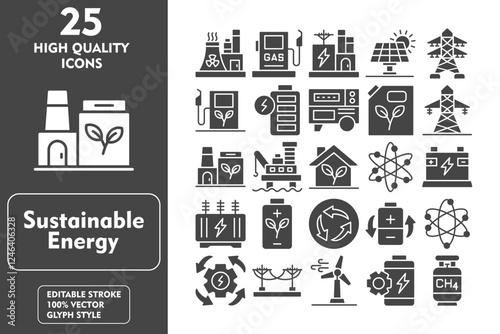 Sustainable Energy Glyph Icon Set. Incleded Icons nuclear energy, oil platform, rechargeable battery, atomic energy, energy, electric pole. Vector Icons Collection