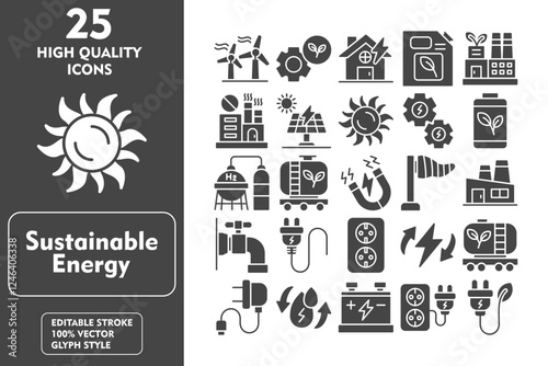 Sustainable Energy Glyph Icon Set. Incleded Icons wind energy, ecology, house, biofuel, green factory, no fossil fuels, solar energy, sun. Vector Icons Collection