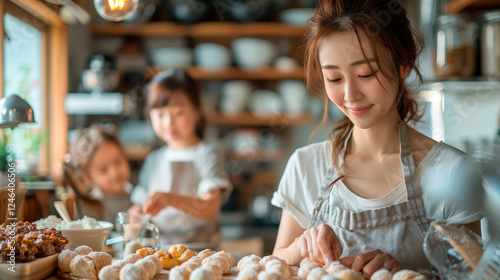 Korean mother with daughters baking sweets in rustic kitchen portrait image. Homemade treats mom girls picture photorealistic photography. Culinary bonding concept photo realistic photo