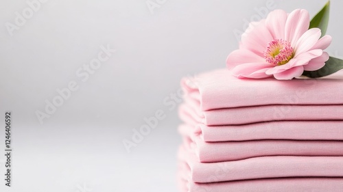 Folded pink towels with flower on top photo