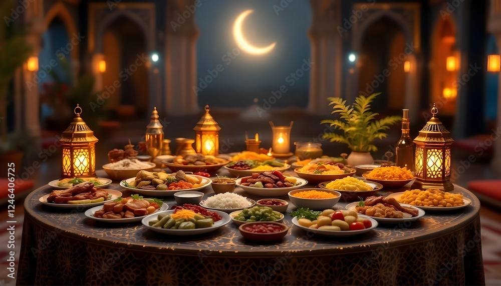 Fototapeta premium Festive Ramadan Feast Table Setting with Diverse Dishes
