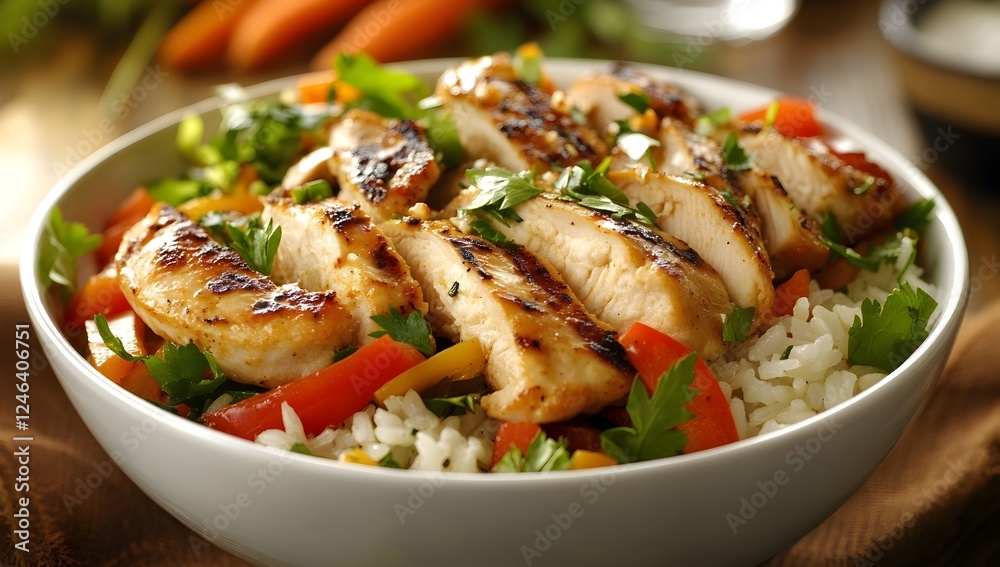 Bowl of Rice with Grilled Chicken, Vegetables, and Herbs for a Healthy Meal Bowl of Rice with Grilled Chicken, Vegetables, and Herbs for a Healthy Meal