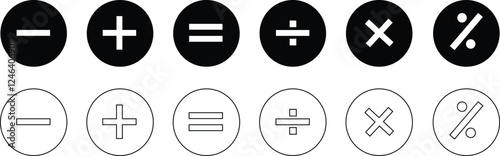 math icon set, arithmetic plus minus equals multiply and divide signs on transparent background. isolated vector symbols of mathematics. Calculator button, business finance concept in flat designs