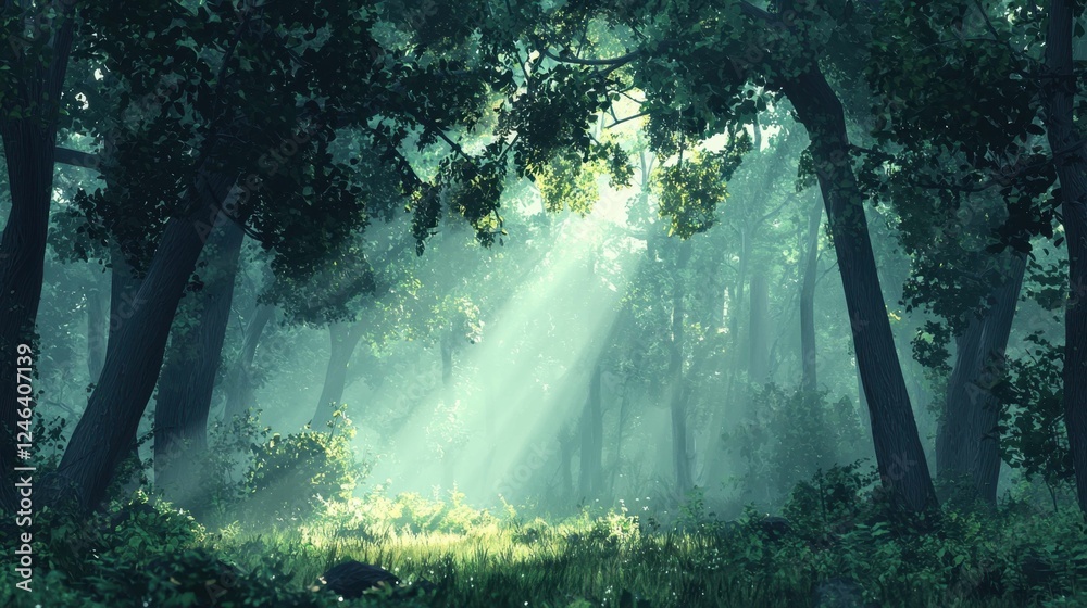 Fototapeta premium Sunlight Filtering Through Leaves in a Misty Forest Landscape