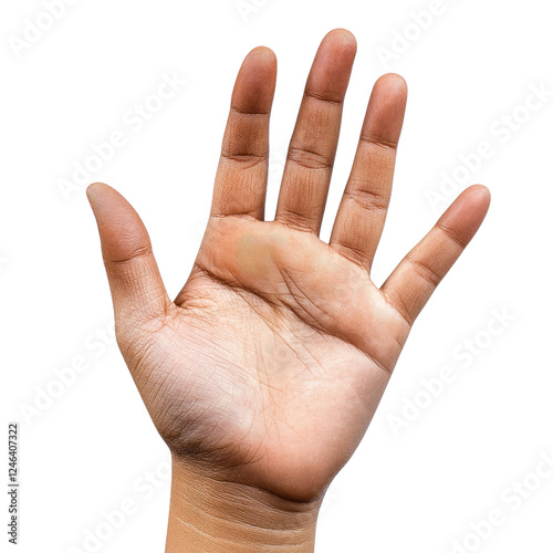 human hand with fingers extended, showcasing palm and fingers clearly. hand appears to be of medium skin tone, with natural and relaxed posture