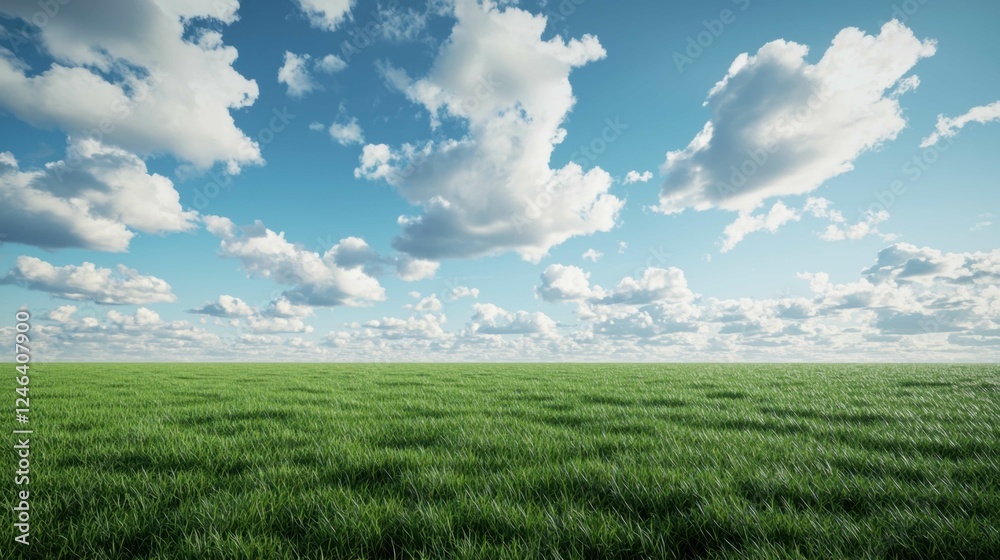 Lush Green Field Under Bright Blue Sky with Fluffy White Clouds Lush Green Field Under Bright Blue Sky with Fluffy White Clouds