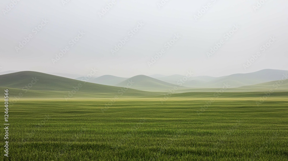 Obraz premium Serene Green Landscape with Soft Rolling Hills and Misty Horizon