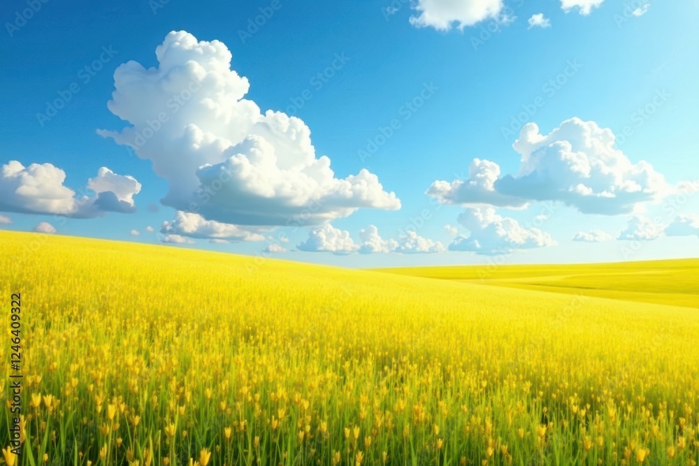 Puffy white clouds gather over a sunny meadow of golden grass, yellow, grass, field Puffy white clouds gather over a sunny meadow of golden grass, yellow, grass, field