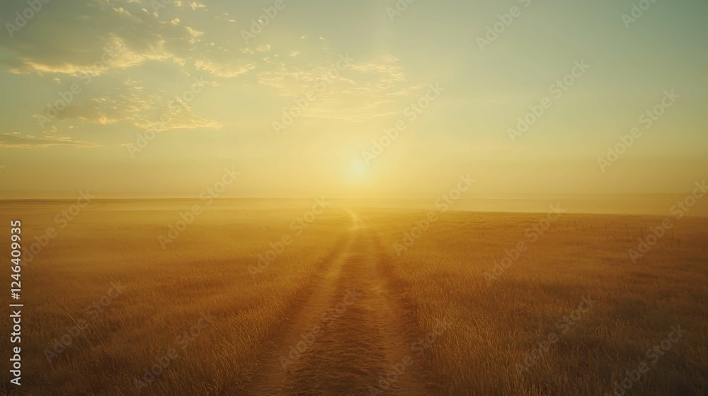 Tranquil Sunrise Over Open Field with Pathway to Horizon