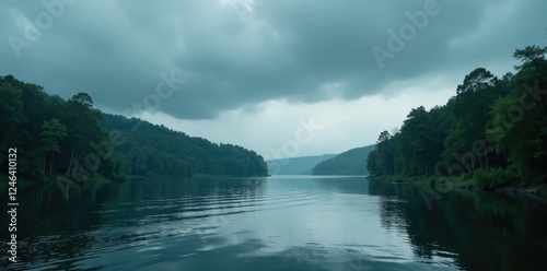 Dark grey clouds above a river with ripples on the water, forest, river