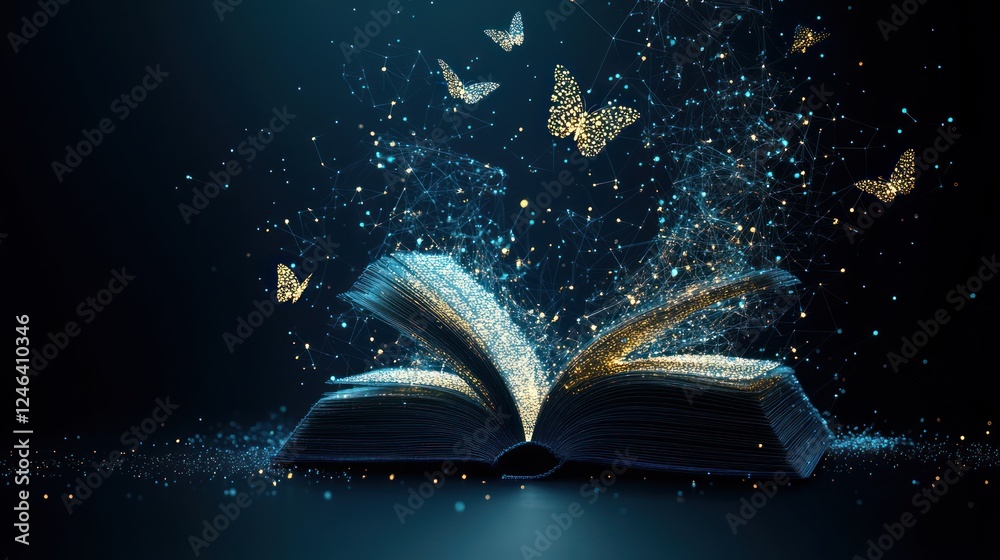 Fototapeta premium Open book with magical butterflies and glowing particles.