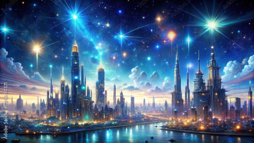 Futuristic Cityscape, Starry Night - Fantasy & Sci-Fi Futuristic Cityscape, Starry Night - Fantasy & Sci-Fi