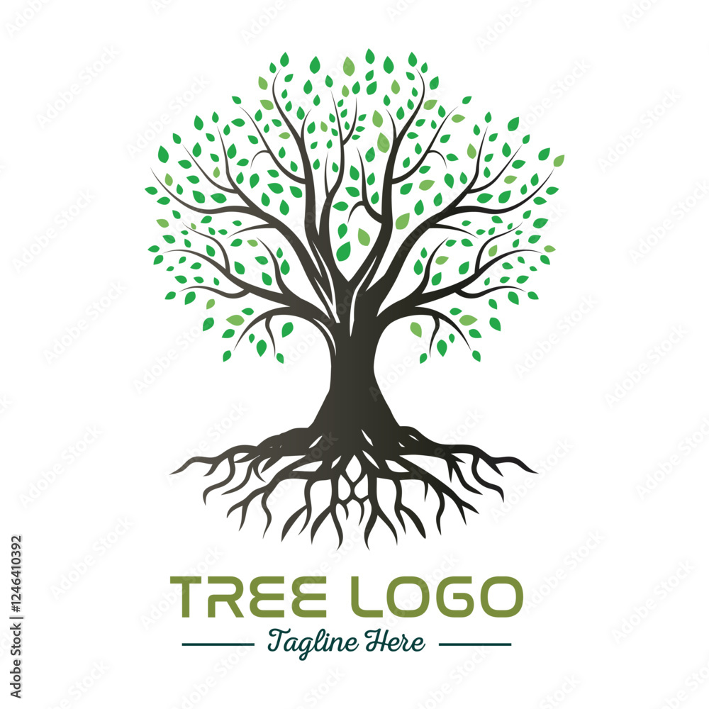 Fototapeta premium Beautiful green tree silhouette and vector design, minimalist business logo for tree icon on white background.