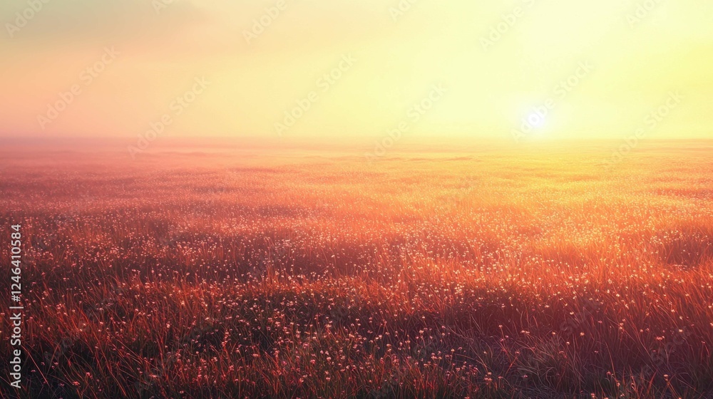 Serene Sunrise Over a Golden Meadow Filled With Delicate Flowers Serene Sunrise Over a Golden Meadow Filled With Delicate Flowers