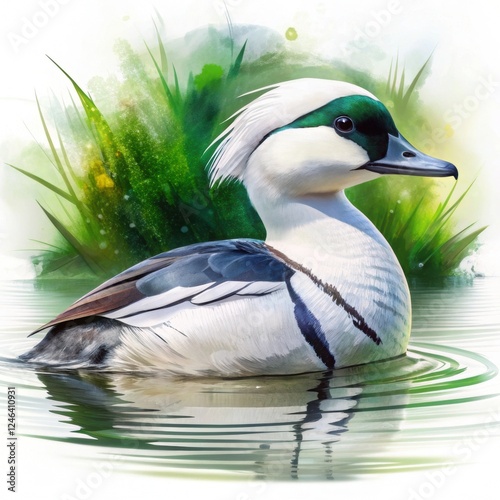 Colorful duck floating on a peaceful lake surrounded by nature Colorful duck floating on a peaceful lake surrounded by nature photo