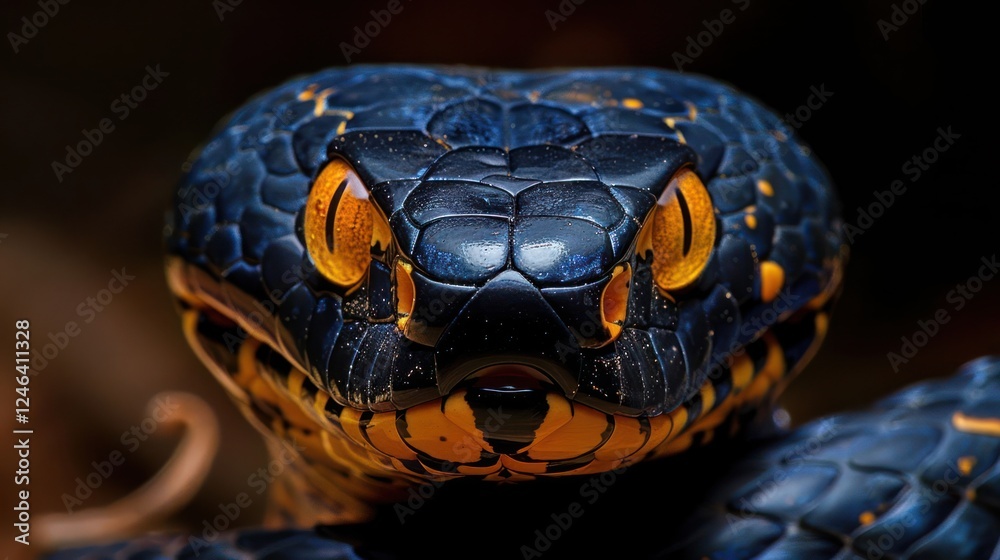 Fototapeta premium Close-up of a vibrant blue and yellow snake showcasing its intricate scales and fierce gaze