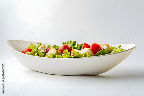 chicken salad with lettuce, tomatoes, and Parmesan croutons in a white bowl on an isolated background