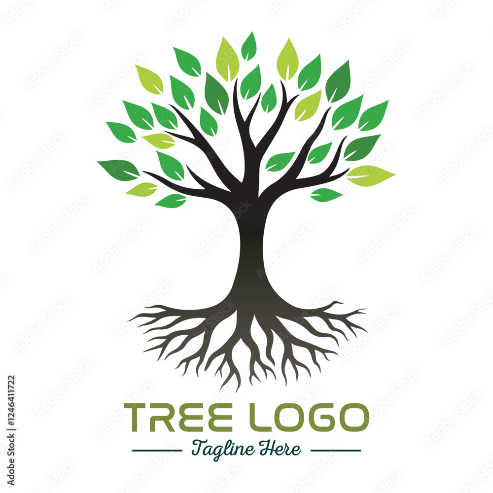 Obraz premium Beautiful green tree silhouette and vector design, minimalist business logo for tree icon on white background.