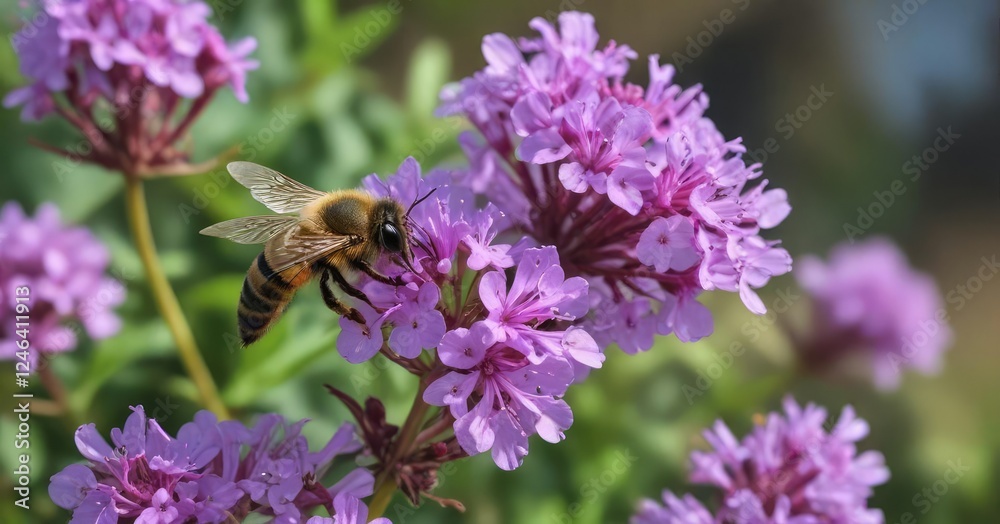 Single bee resting on a lilac verbena bloom with delicate petals, garden, single Single bee resting on a lilac verbena bloom with delicate petals, garden, single