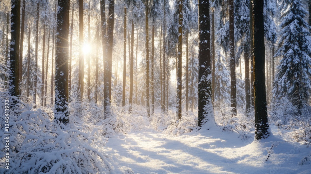 Winter forest, snow-covered trees, soft sunlight, ultra-detailed, 8K, frost, cold season, nature, scenic landscape, white snow, tranquil, frozen, seasonal, atmospheric, icy woods. Winter forest, snow-covered trees, soft sunlight, ultra-detailed, 8K, frost, cold season, nature, scenic landscape, white snow, tranquil, frozen, seasonal, atmospheric, icy woods.
