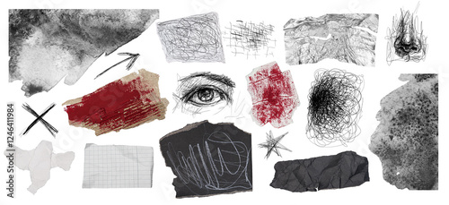 Pieces of paper. Cutouts for collage. Crumpled paper. Doodle art. To create a collage