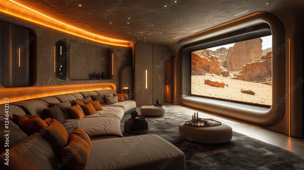 Fototapeta premium Futuristic Home Theater with Desert Landscape Screen