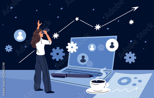 Woman looks through binoculars. Search for startups goals and development prospects. Telescope stars watching. Business growth opportunity finding. Project diagram. Garish vector concept