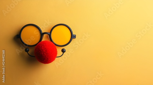 Round black glasses and a bright red clown nose, on a bright yellow background.