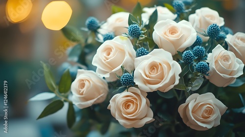 Elegant Cream Roses Bouquet with Teal Thistle Accents Romantic Floral Arrangement