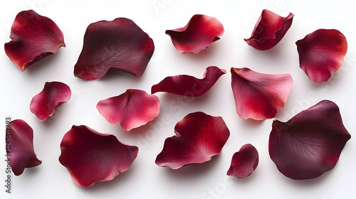 Scattered Dark Red Rose Petals on White Background Romantic Elegant Floral Arrangement