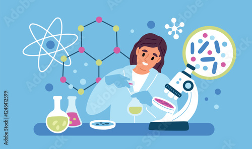 Scientist works. Biologist conducts laboratory experiments. Biologist studying bacteria and viruses. Experimental strains. Lab microscope and chemical beakers. Garish vector concept