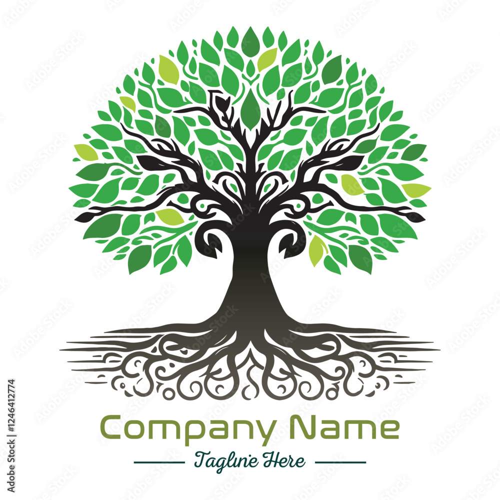 Obraz premium Beautiful green tree silhouette and vector design, minimalist business logo for tree icon on white background.