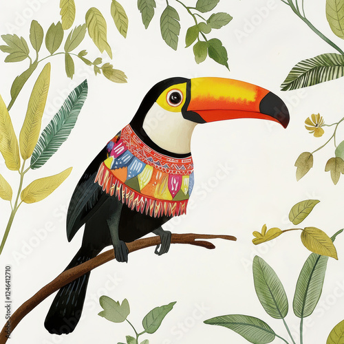 Colorful toucan wearing cultural outfit perched on branch surrounded by leaves. This vibrant illustration captures essence of nature and culture photo