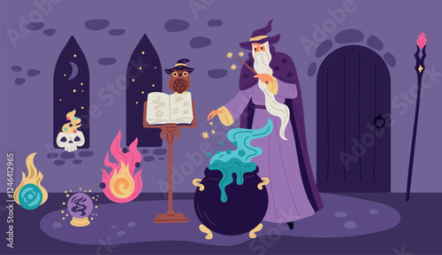 Magician makes magic potion. Cartoon wizard character. Mystery castle interior. Old witch man with beard in mantle. Magical elixir cauldron. Spell book. Garish vector witchcraft concept
