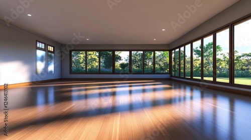 Spacious, sunlit interior of a modern room with large windows overlooking a green landscape