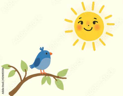 Illustration of a blue bird on a branch next to a sun with eyes and a mouth