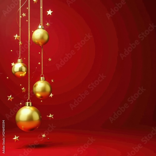 A string of golden Christmas balls and stars suspended in mid-air on a deep red background, garland, glittering