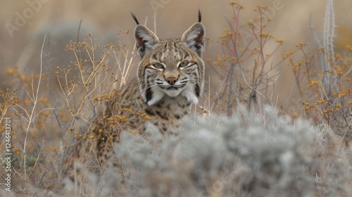 A serene bobcat resting amidst wildflowers in a tranquil natural habitat during daytime