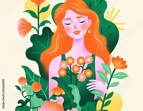 Portrait of a red-haired woman surrounded by flowers
