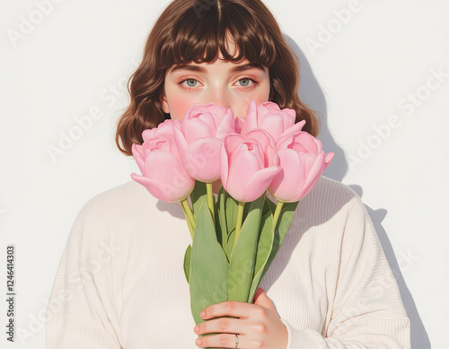 Portrait of a young girl in a white dress with a bouquet of pink tulips