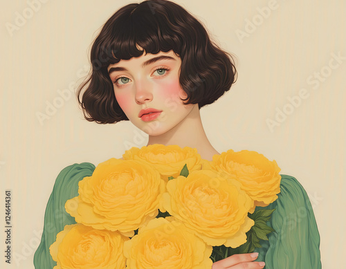 Portrait of a young girl in a green dress with a bouquet of yellow flowers