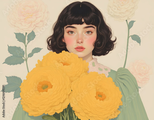 Portrait of a young girl in a green dress with a bouquet of yellow flowers