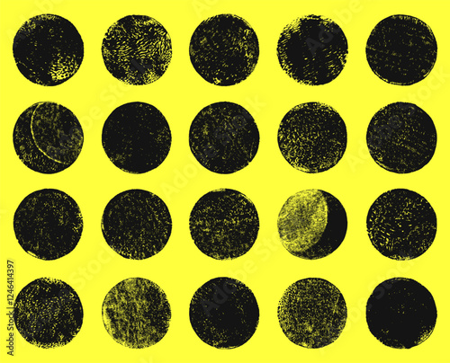 Grungy textured hand printed circle shapes collection. Linocut vector relief printing round rough textures set. Lino ink grunge label, stamp, badge, frame templates. Artistic circles backgrounds