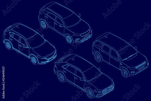 Four cars are shown in a blue background. The cars are all different shapes and sizes, with one being a small hatchback and the other three being larger vehicles. Isometric view. 3D