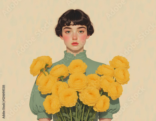 Portrait of a young girl in a green dress with a bouquet of yellow flowers
