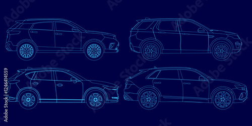 Four different car designs are shown in a blue color. The cars are all different shapes and sizes, with one being a hatchback and the others being SUVs