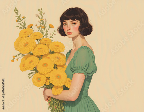 Portrait of a young girl in a green dress with a bouquet of yellow flowers