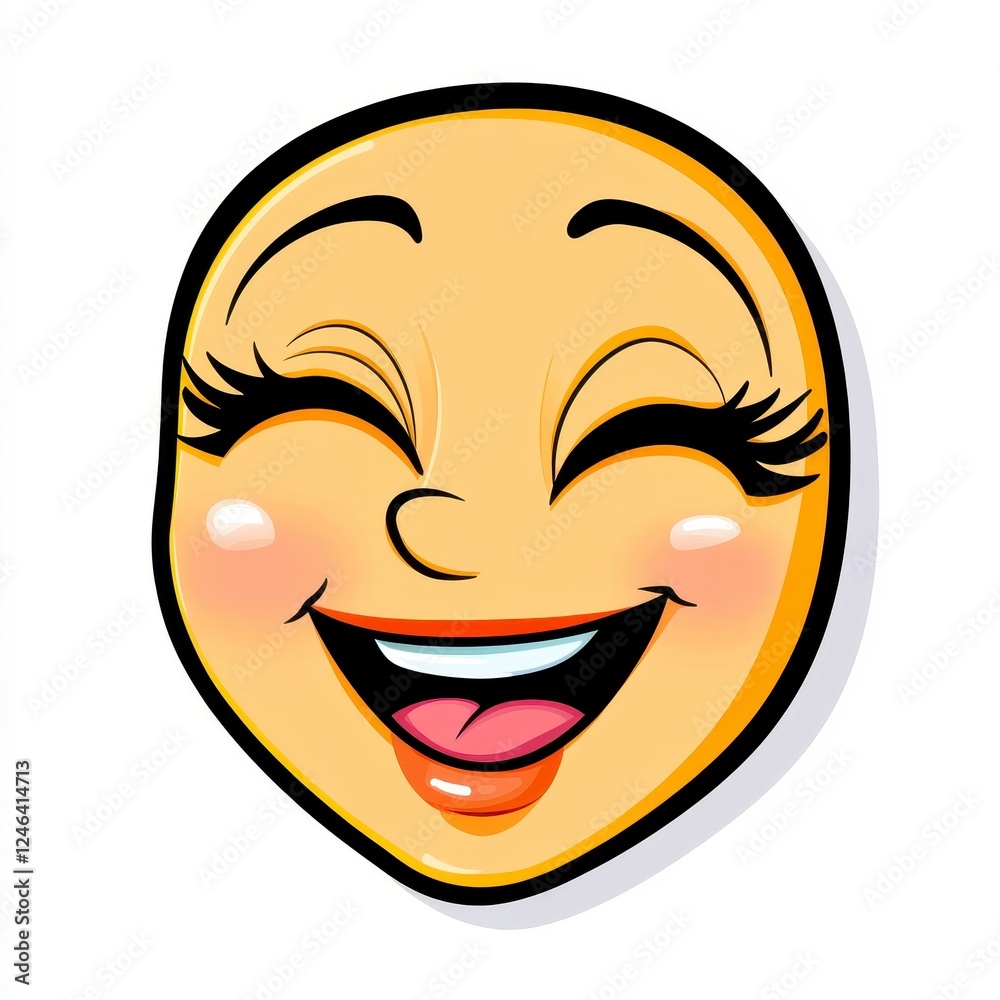 Happy Smile Icon with Closed Eyes and Thick Eyelashes in Yellow Color Happy Smile Icon with Closed Eyes and Thick Eyelashes in Yellow Color