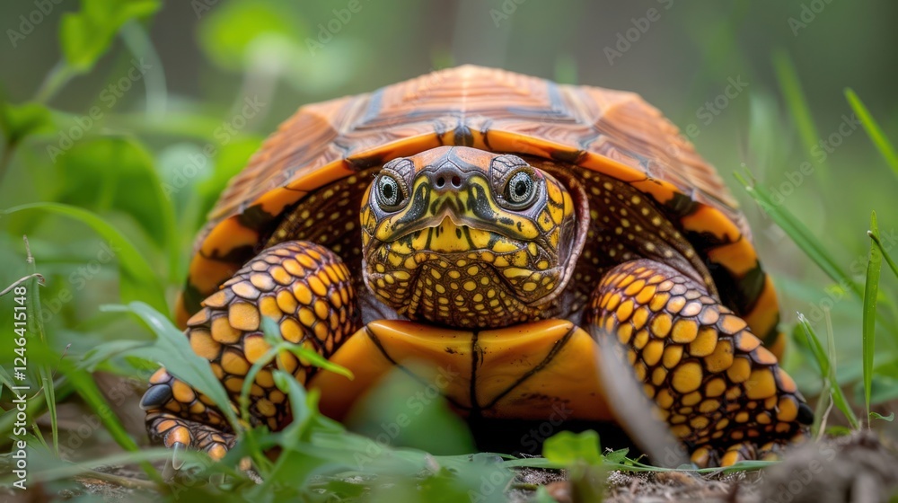 Close-up of a vibrant tortoise on lush green grass, showcasing its intricate shell patterns and surroundings Close-up of a vibrant tortoise on lush green grass, showcasing its intricate shell patterns and surroundings